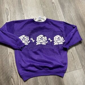 Vintage 70s 80s faux turtleneck purple knit sweatshirt grandma wear dogs M